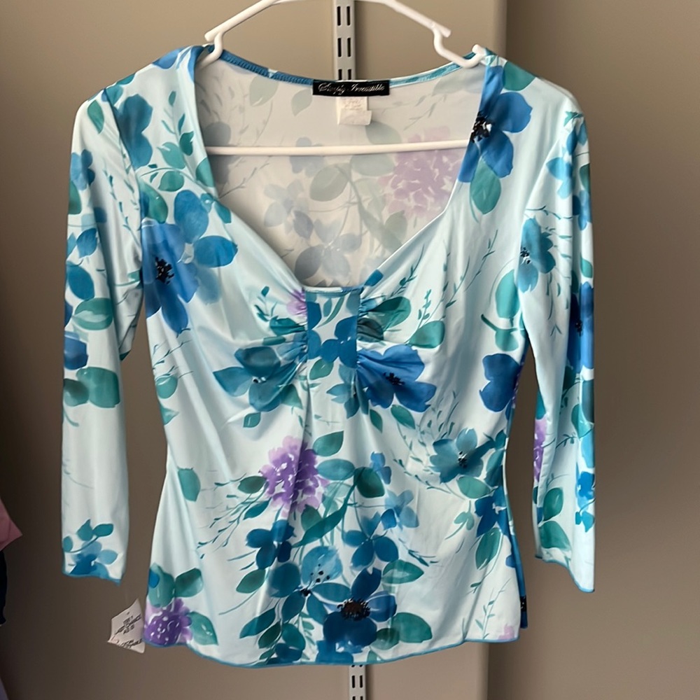 Teal light blue floral blouse